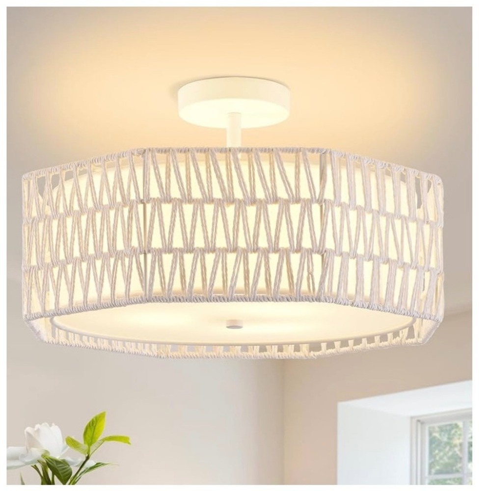 New in Box 17.5" Boho Rattan 3 Light Farmhouse Chandelier Hand Woven Pendant